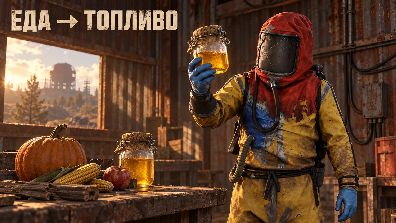 Хазмат из Rust с банкой топлива низкого качества рядом с едой — иллюстрация переработки пищи в биотопливо