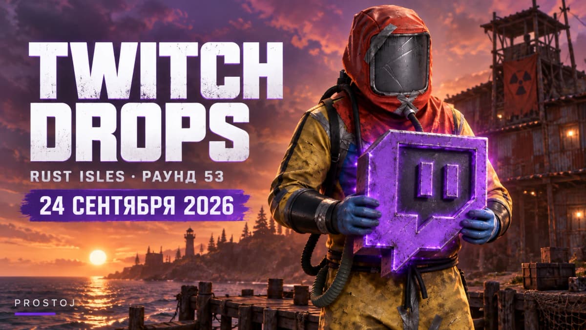 Hazmat from Rust holding a purple Twitch logo — Twitch Drops Rust Isles September 24, 2026