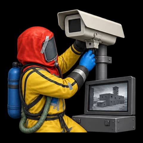 Хазмат настраивает камеру CCTV рядом с компьютерной станцией