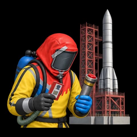 Хазмат с красной картой и предохранителем у ракеты космодрома