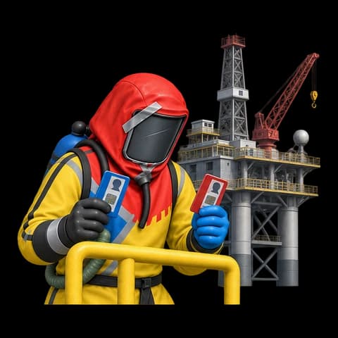 Хазмат с картами доступа готовится к заходу на нефтяную вышку