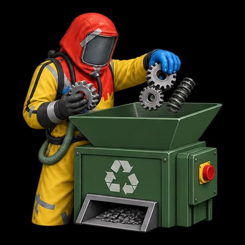 Хазмат загружает шестерни и пружину в зелёный переработчик Rust