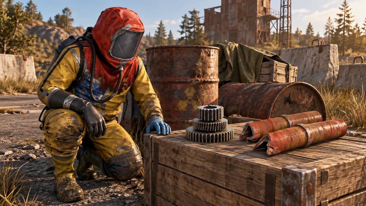 Хазмат Rust у бочек и ящика с шестернями и металлическими трубами: компоненты X2