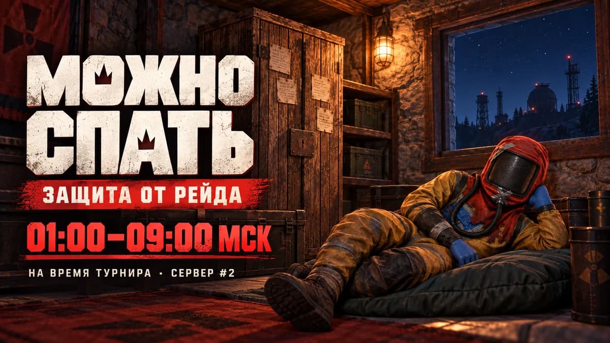 Персонаж Rust в хазмате отдыхает на базе: защита от рейда с 01:00 до 09:00 МСК