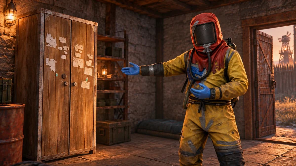 Игрок Rust в стандартном хазмате регистрирует деревянный шкаф внутри каменной базы